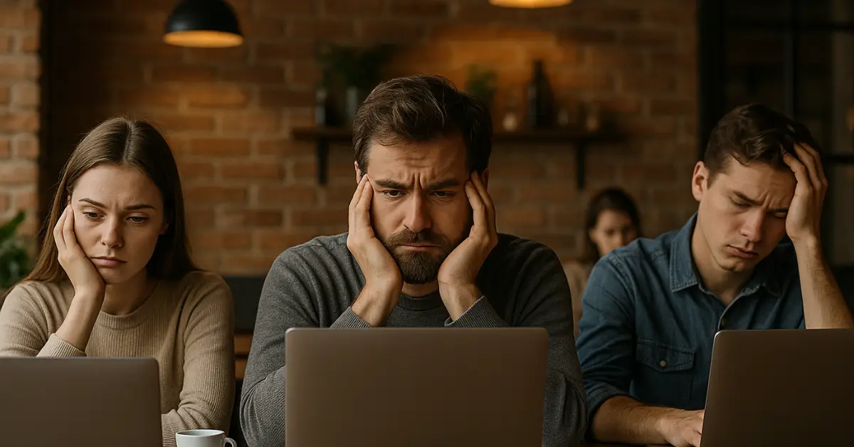 a man holding his head in his hands looking at a laptop