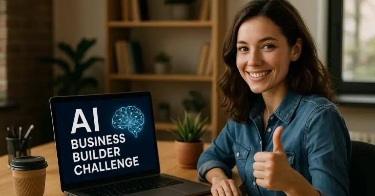 a woman sitting at a desk with a laptop and thumbs up