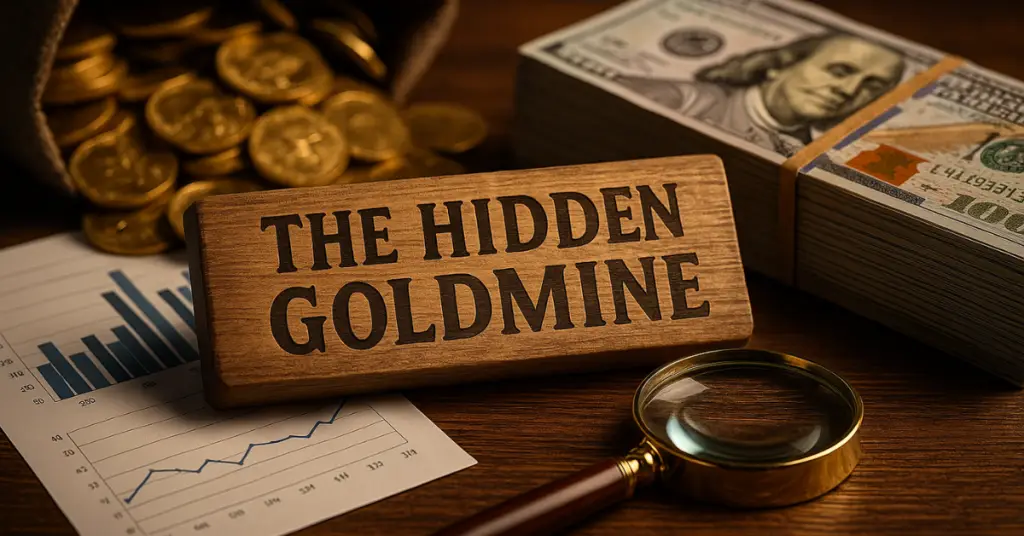 a wooden sign with a magnifying glass next to money and coins