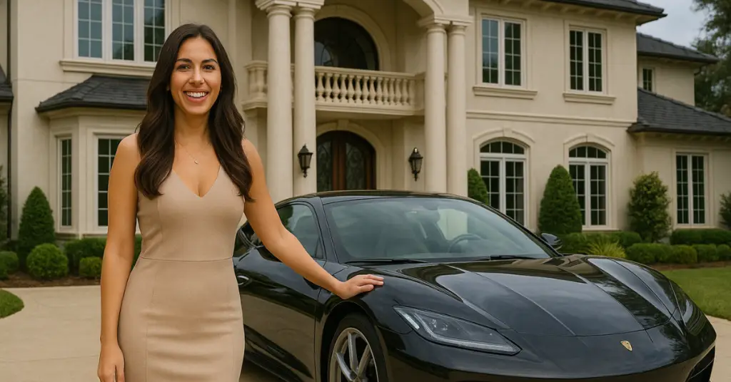 a woman standing in front of a black car