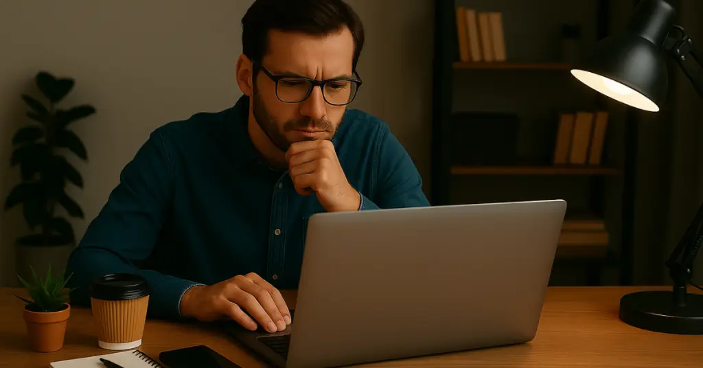 man concentrating on laptop