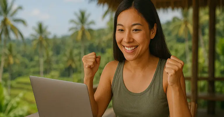 a woman with her fists up in the air