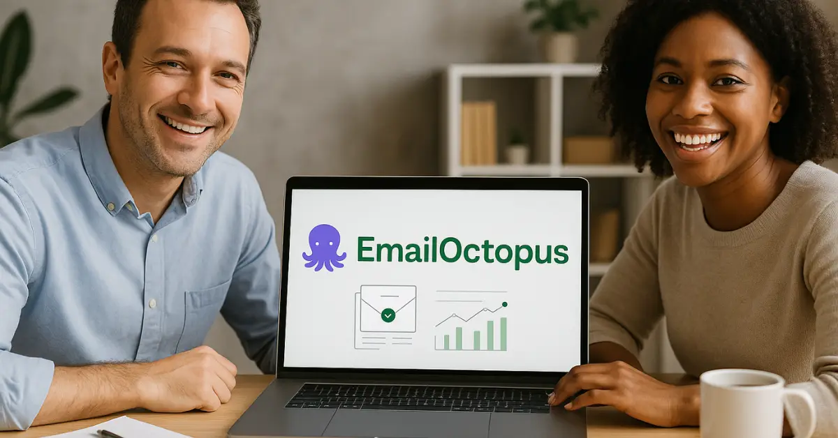 a man and woman sitting at a table with a laptop