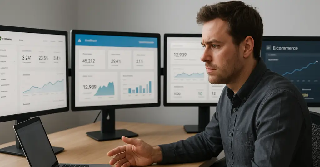 man looking at computer screens