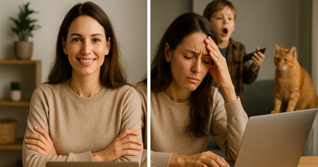 happy and stressed woman
